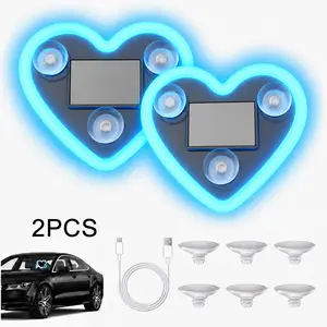 2PCS Solar-Powered Car Led Lights Interior,Ambient Lighting Car Window Light,Double Heart-Shaped Pink Girl Car Accessories with Suction Cup,Valentines Decor