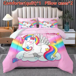3pcs Colorful Unicorn Printed Quilted Bedding Set (1 Bedding+2 Pillowcases), using 200gsm filling and U-shaped stitching technology. Suitable for decorating bedrooms, dormitories, or homes for teenagers and children. Multiple sizes to choose from
