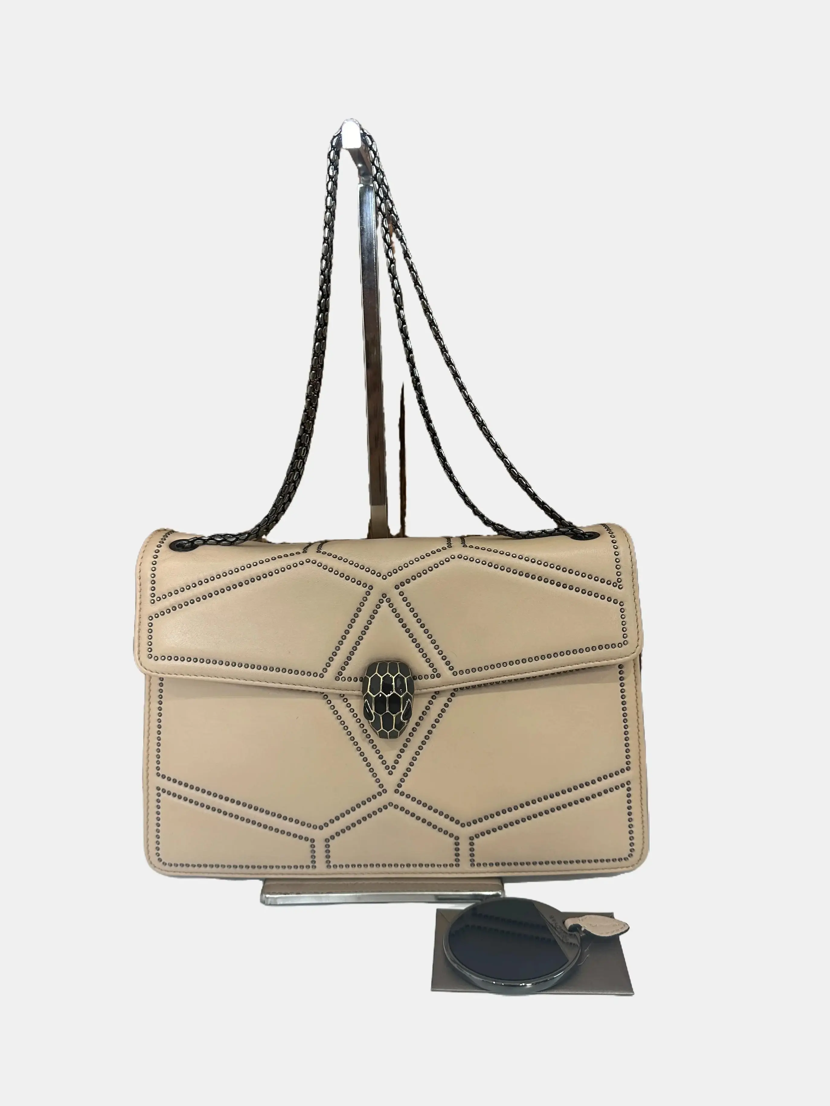 Pre-owned Bvlgari Serpenti Forever Leather Beige Geometric Beaded Crossbody Shoulder Bag Purse for Fashion Conscious Individuals