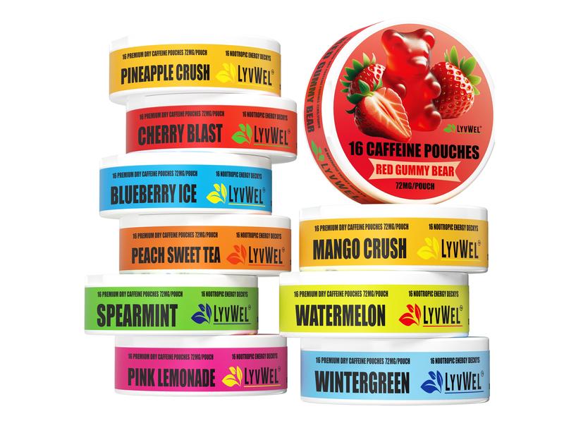 LyvWel 10-Jar 72mg All Flavors Variety Pack 1,152mg Per Can Upper Energy Deckys Zero Sugar, Energy Boost