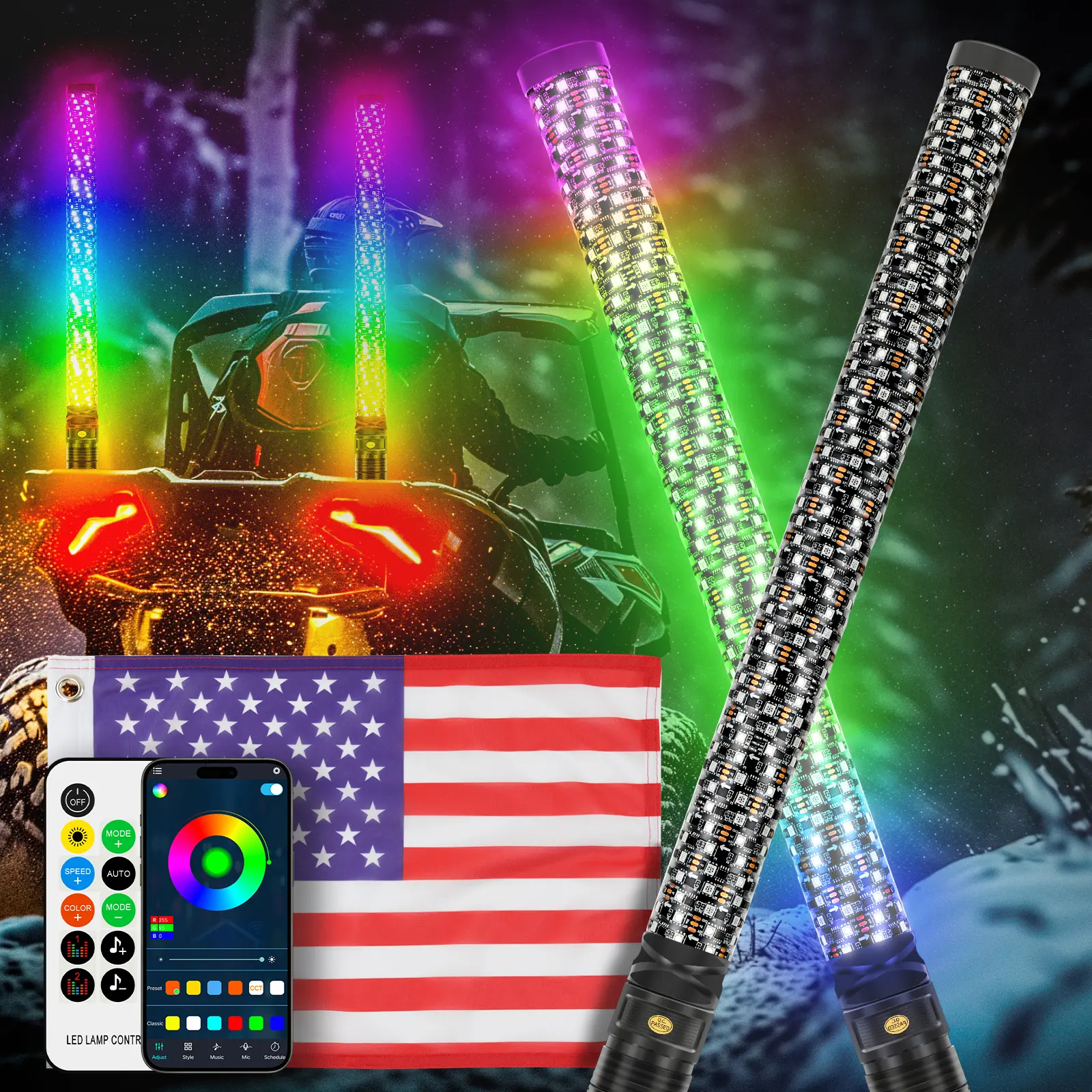 DREAMIZER 2Pack 1FT 2FT Fat Whip Lights New Upgraded Spiral LED Whip Light with Strobe Light RGB Chasing Dancing Lighted Antenna Whips W APP Remote Control for SXS UTV ATV RZR Can-Am X3 Off-Road Truck