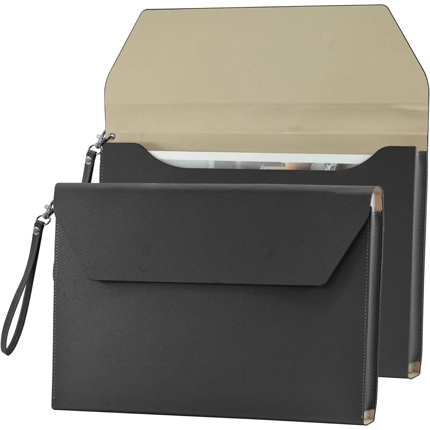 Expanding File Folder Organizer PU Leather Document Holder File Pocket Envelope Portfolio Bag with Hand Strap and  Closure for A4 Letter Size Paper (Black)