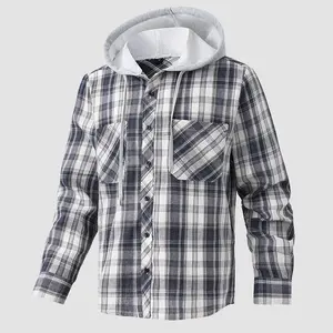 Christmas Men's Gift Men's Casual Plaid Hooded Long Sleeve Jacket with Buttons and Front Pocket Suitable for Everyday Life