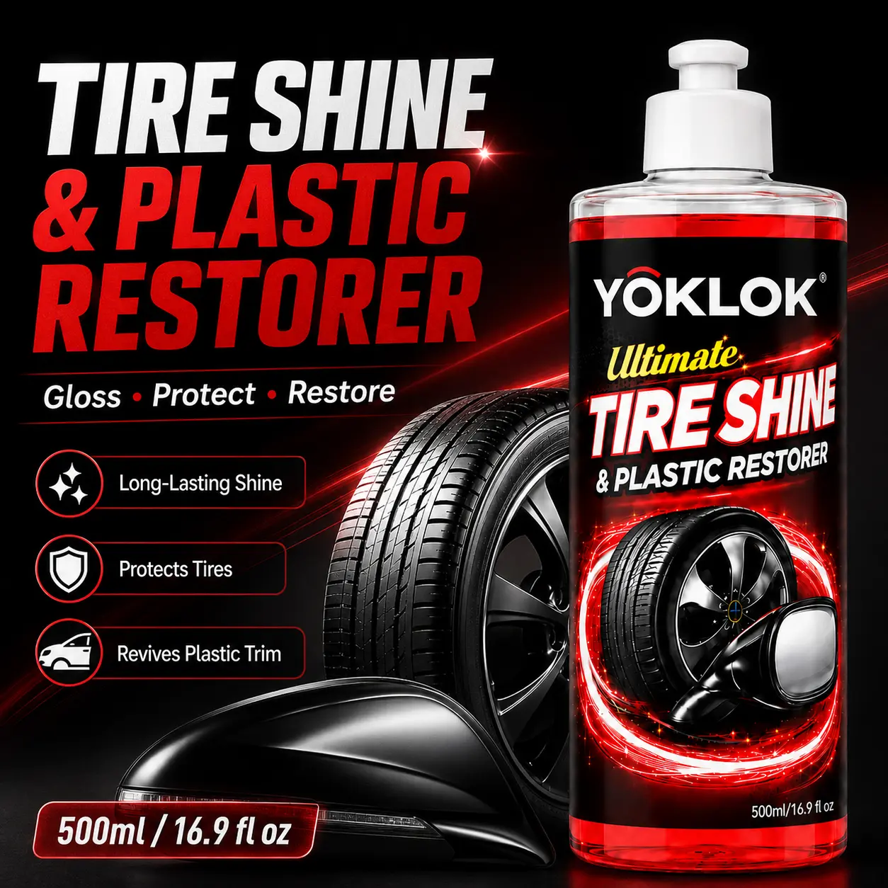 YOKLOK Ultimate Shine Coating Spray - High-Molecular Polymer Silicone Oil Formula, UV Damage Protection, Plastic & Rubber Care, Gloss Boost, Tire Flexibility Enhancement, Waterproof, Anti-Aging Auto Exterior Care, Long-Lasting Shine, Economical Usage