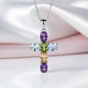 Amethyst with Topaz Gemstone Cross Necklace