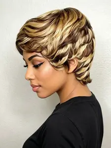 6 Inches Short Human Hair Wigs Pixie Cut Wave Wigs with Bangs for Women, Casual Style, Curly Hair, Full Machine Made, No Bangs Design, Wavy Wigs