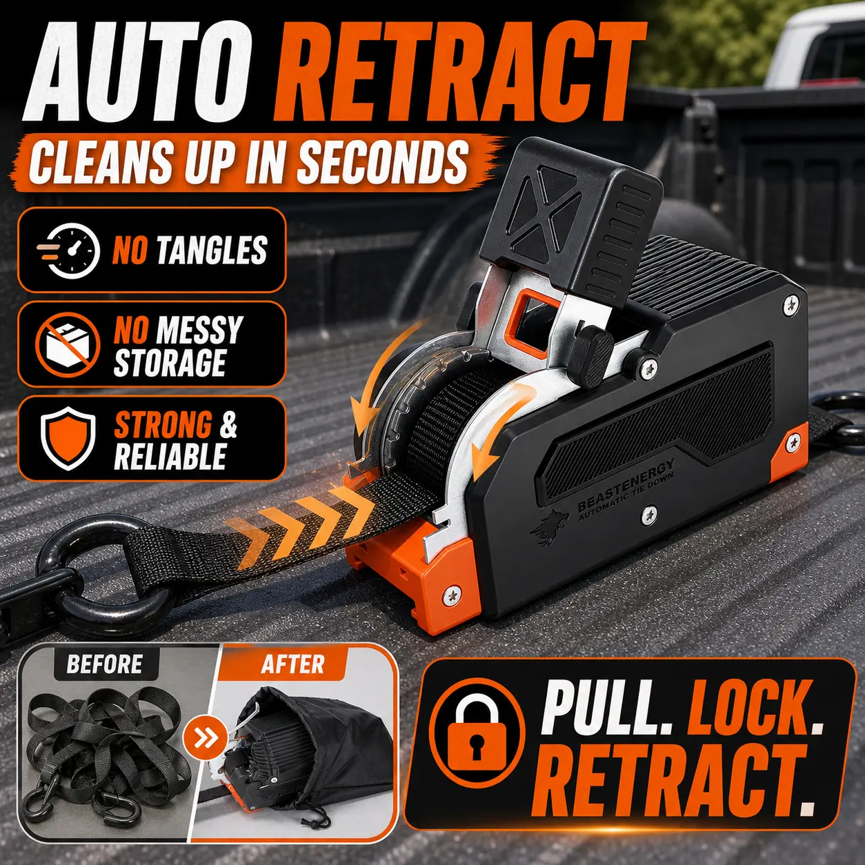 Automatic retractable ratchet tie down mechanism