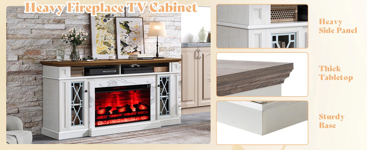 【Ships in 2 Boxes】AMERLIFE 70" Farmhouse Heavy Fireplace TV Stand with 33" Electric Fireplace, for 80" TVs up, Media Entertainment Center with Diamond Door, TV Console Storage Cabinet for Living Room