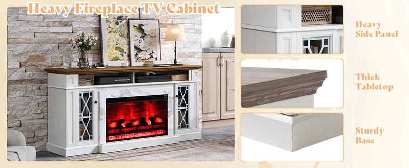 【Ships in 2 Boxes】AMERLIFE 70" Farmhouse Heavy Fireplace TV Stand with 33" Electric Fireplace, for 80" TVs up, Media Entertainment Center with Diamond Door, TV Console Storage Cabinet for Living Room