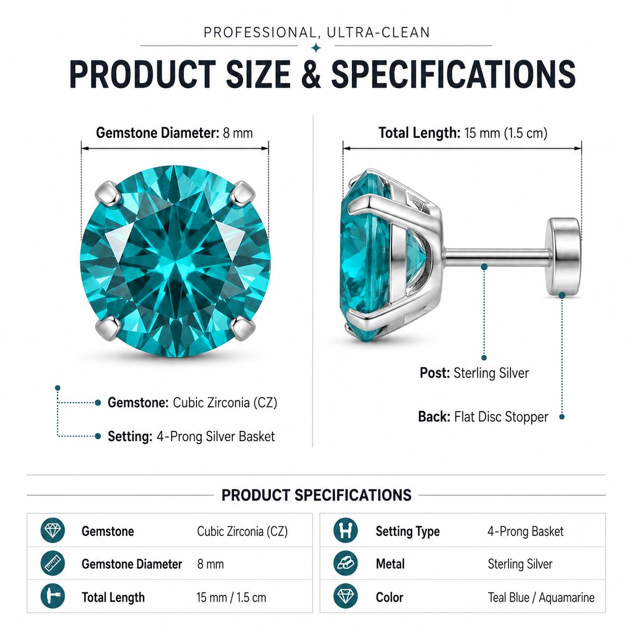 Sterling Silver Flat Back Gemstone Stud Earrings, 8mm Round Teal Blue CZ Disc Studs, Hypoallergenic 4-Prong Basket Setting, Aquamarine-Tone Earring Back Jewelry for Sensitive Ears (Gift for Cartilage Tragus Helix), Flat Back Earrings Sterling Silver Flat Back Gemstone Stud Earrings, 8mm Round Teal Blue CZ Disc Studs, Hypoallergenic 4-Prong Basket Setting, Aquamarine-Tone Earring Back Jewelry for Sensitive Ears (Gift for Cartilage Tragus Helix), Flat Back Earrings