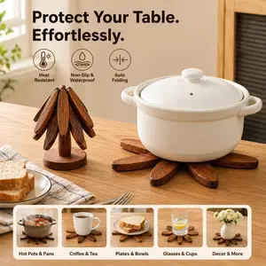 Natural Foldable Black Walnut Wooden Tree Trivet Set - 4Pcs+1 Stand Trivets for Hot Dishes - Collapsible Wood Hot Pad with Display Stand - Decorative Kitchen Pot Holders - Sustainable Solid Wood Trivet
