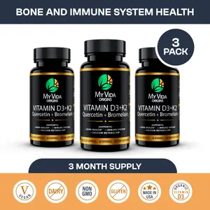 My Vida Origins Organic Vitamin D3 + K2 with Quercetin & Bromelain – Vegan Formula with MCT Oil for Max Absorption – Supports Bone, Immune & Heart Health – 2100 IU – 3 Month Supply