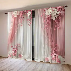 Valentine's Day Theme 2pcs HD Digital Print Floral Curtains, Polyester Material, Privacy Protection, Washable, Bedroom and Living Room Decor