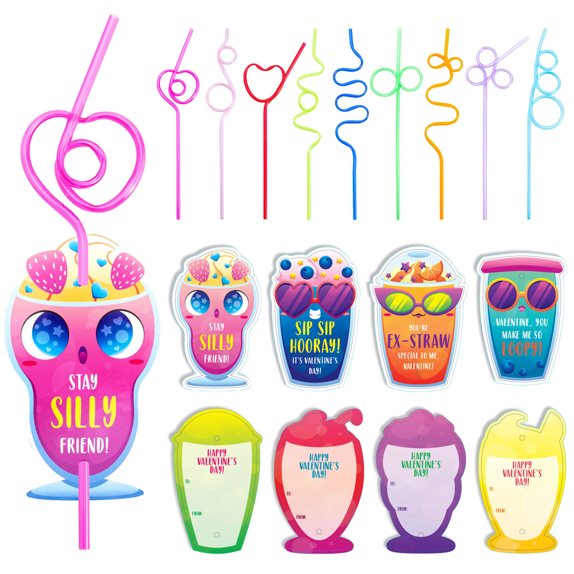 36Pcs Drinking Straws with Kids Valentines Cards for Valentine Party Favors 2025 Valentine Exchange Cards
