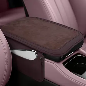 Leather Center Console Cover with 2 Storage Bags, Universal Furry   Armrest Seat Box Pad, Comfortable  Interior Accessories, Fits for   (Brown)