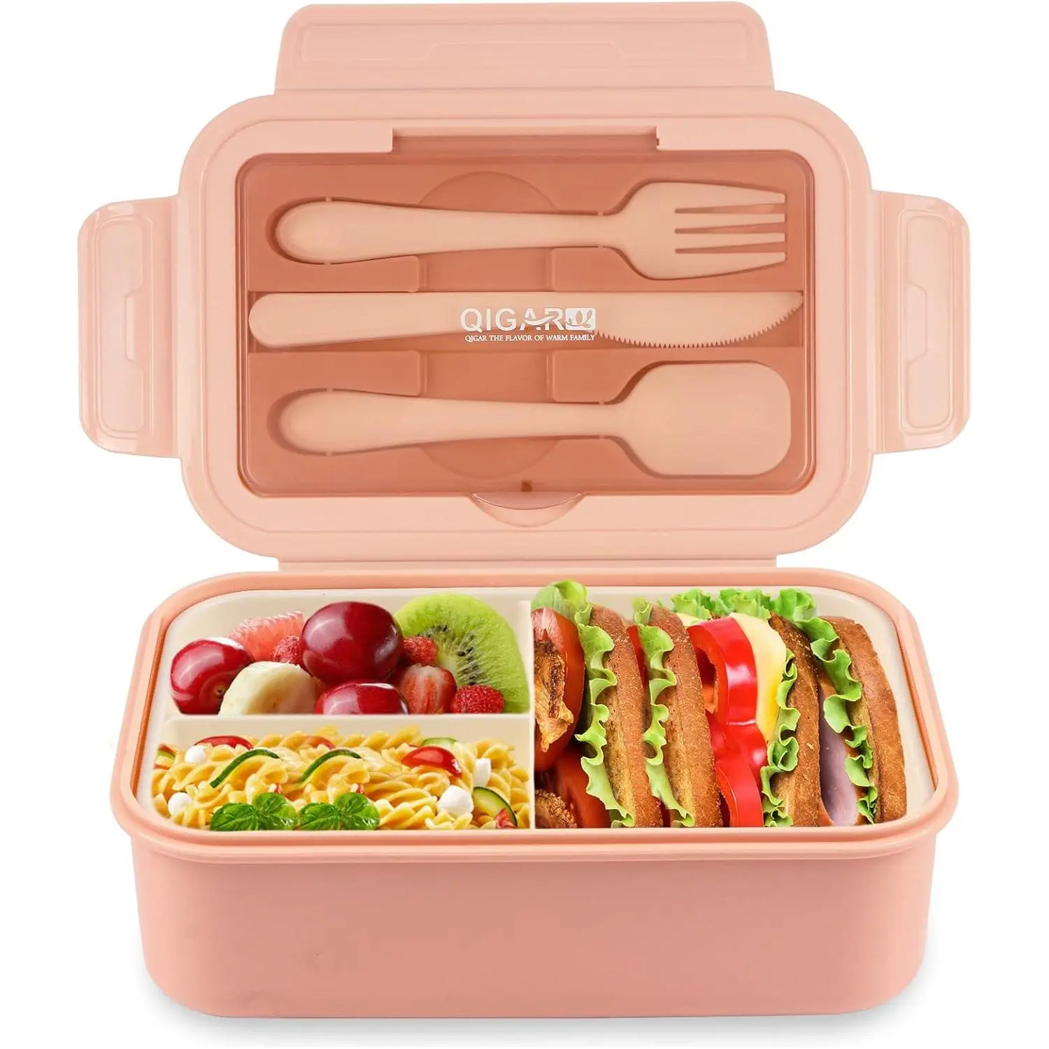 Bento Box for Adult, 1400 ML Lunch Containers for Adults, LeakProof Lunch Box with Utensils, , 3 Compartment Bento Box Microwave Safe, Light Pink