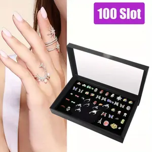 100 Slots Jewelry Ring Display Storage Box Tray Stand Earring Storage Box
