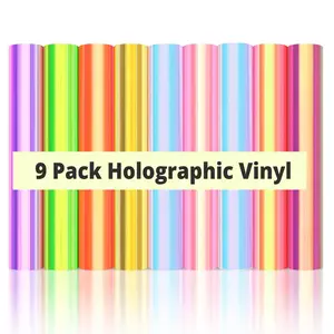 Permanent Holographic Vinyl Sheets, 9 Pieces 12x10 Inches, Easy to Use and Transfer, Colorful Vinyl Material for Cutting Projects