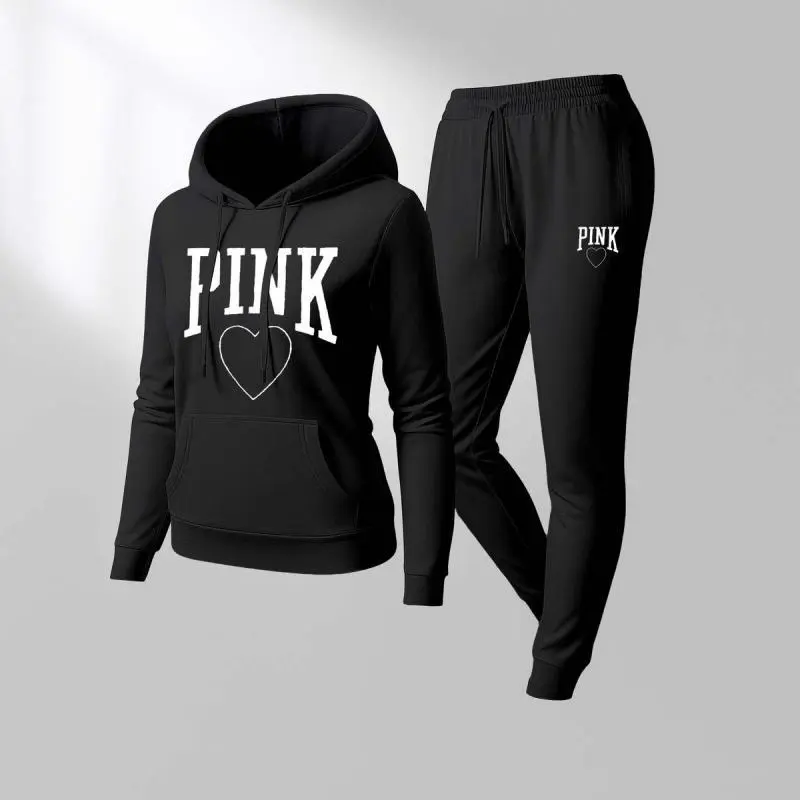 Women's Pink Heart Print Hoodie And Drawstring Track Pants Set, Casual Sportswear, Long-Sleeved Hooded Jacket And Pants, Suitable For Autumn And Winter, Everyday Wear, Indoor And Outdoor Sportswear, Casual Sportswear. Women's Pink Heart Print Hoodie And Drawstring Track Pants Set, Casual Sportswear, Long-Sleeved Hooded Jacket And Pants, Suitable For Autumn And Winter, Everyday Wear, Indoor And Outdoor Sportswear, Casual Sportswear.