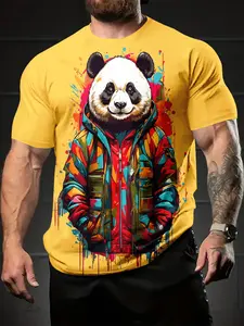 Men's Vibrant Ink Splash Panda Pattern-Shirt- Casual Short Sleeve Summer Top, Breathable Polyester Knit Fabric, Suitable Daily Weekend Wear, Fun Design, Washable Shirt,
