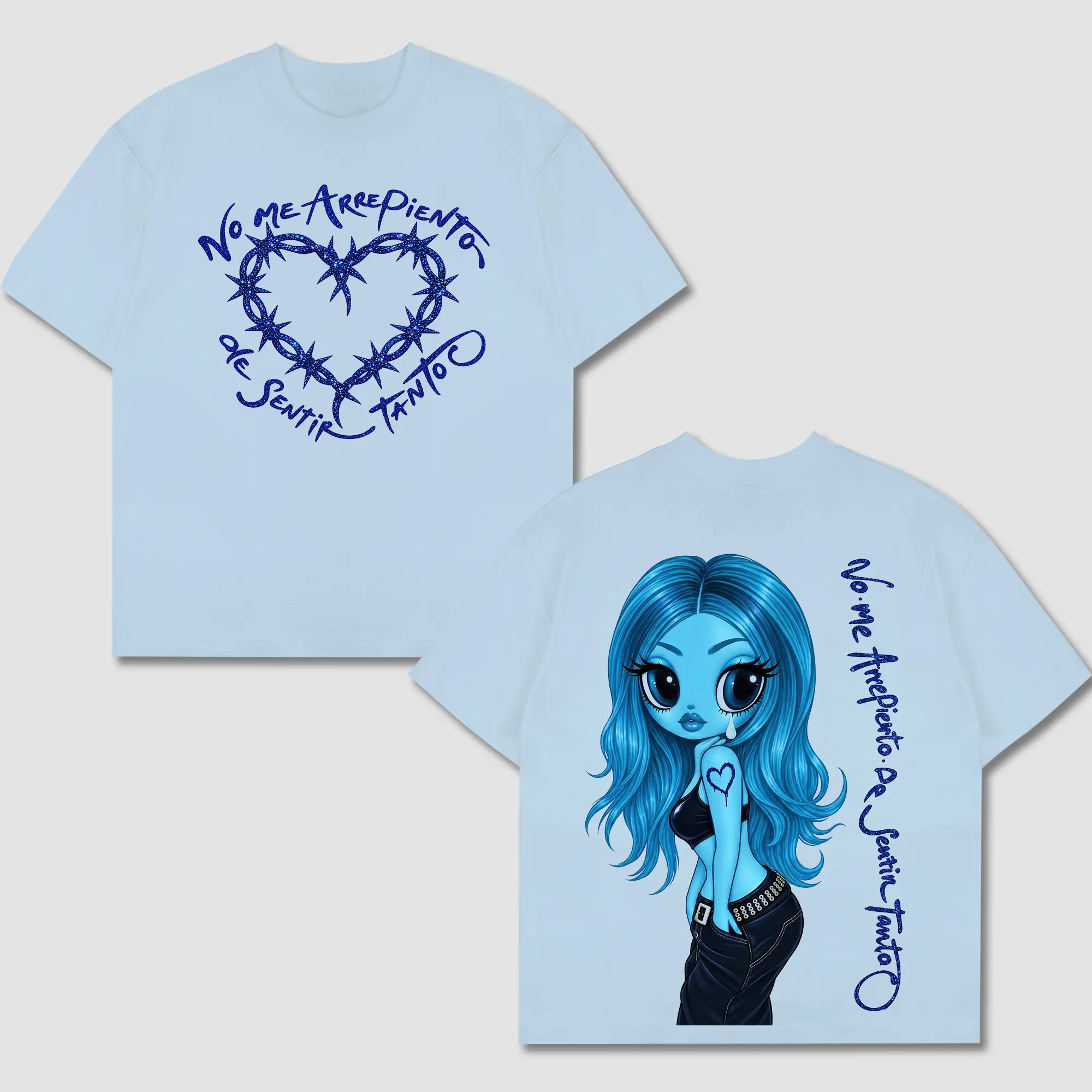 Karol-G No Me Arrepiento De Sentir Tanto Graphic Shirt, Light Blue Barbed Wire Heart Back Print T-Shirt, Blue Hair Bratz Doll La Bichota Tee, Bichotas Latin Music Fan Gift, KG Reggaeton Merch, Y2K Streetwear