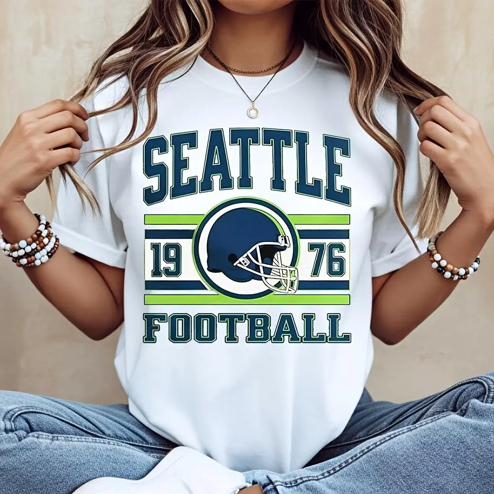 Seattle Football 1976 Helmet Graphic Print T-Shirt, Vintage Sports Team Fan Apparel, Casual Daily Wear Game Day Outfit