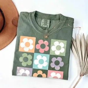 Comfort Colors Retro Checkered Flowers Shirt, Summer Shirts for Women, Boho Floral T-Shirt, Floral Beach Tshirt, Trendy Oversized tee gift