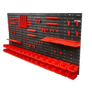 30-Bin Parts Rack Organizer Garage Plastic Shop Tool With Wall Panels Tool Holders Hooks, Tool Organizer For Nuts, Bolts, Screws, Nails, Beads, Buttons, Black And Red