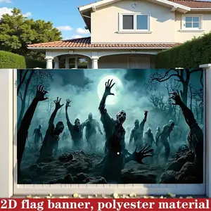 2D flat 1pc scary zombie cemetery decoration wall cloth, mist background wall decoration banner, suitable for Halloween party decoration, haunted house decoration background cloth, multiple sizes available, polyester material