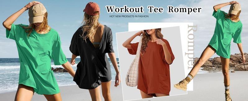 WoodBerry Women's Oversized Rompers Casual Athletic Jumpsuits Overalls Workout Hot Shot Tee Romper Round Neck Cute Shirt Womenswear