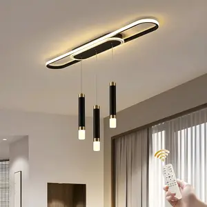 Garwarm Modern Black LED Kitchen Island Pendant Light, Dimmable with Memory Function, Linear Ceiling Light for Bedroom, Dining Room, Living Room