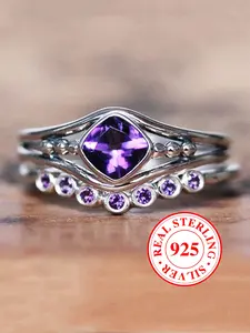 S925 Sterling Silver Ring Set Purple Synthetic Zirconia Inlay Stackable Bridal Engagement Rings, Perfect Birthday Anniversary Gift, Daily Wear Accessories（with Box）