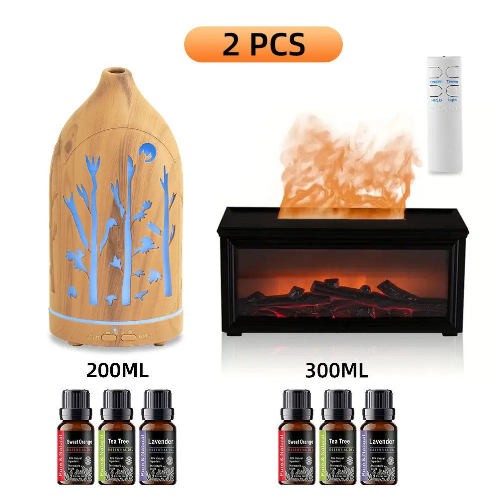2-Pcs Essential Oil Diffuser Humidifier Set - 300ml & 200ml Remote-Controlled, Wood Grain & Fireplace Designs, 7-Color Changing Lights, Ultra-Quiet, Visible Water Volume, Essential Oil Compatible for Home Office