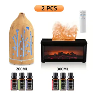2 pieces Essential Oil Diffuser 300ml & 200ml, Wood Grain & Fireplace Design, Remote Control, 7-Color Lights, Ultra Quiet for Home Office