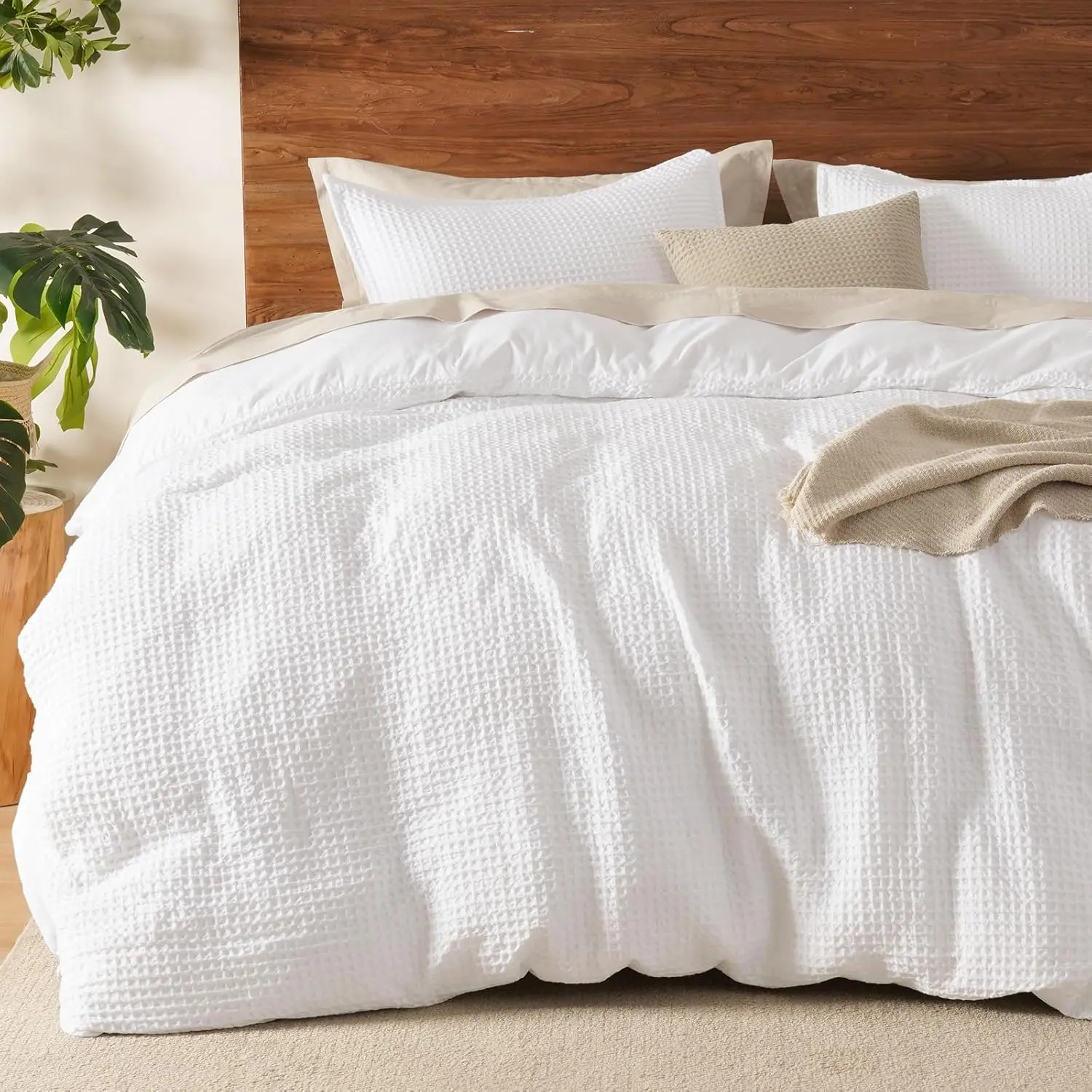 Waffle Weave Duvet Cover Set  Size,Soft Breathable 3 count Comforter Cover Set with 2 Pillowcases,Textured  Decor Bedding Set Cozy for All Seasons, White 90"x90",No Comforter