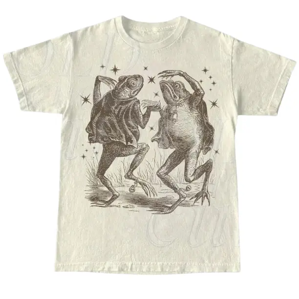 Men's Fitted Casual Cotton Short-Sleeve Round Neck Animal Graphic T-Shirt - 90s Vintage Tattoo-Style Dancing Frog Stars Print, Streetwear Daily Hangout Top, Frog Lover Gift, Soft All-Day Fabric Wear