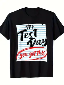 Motivational "It'S Test Day You Got This" Exam T-Shirt - Black Short Sleeve Crew Neck Tee with Test Paper Design & Red/White Study Icons, Regular Fit for Students, Teachers, Test Days - All-Season Comfort, Casual & Academic Success Apparel