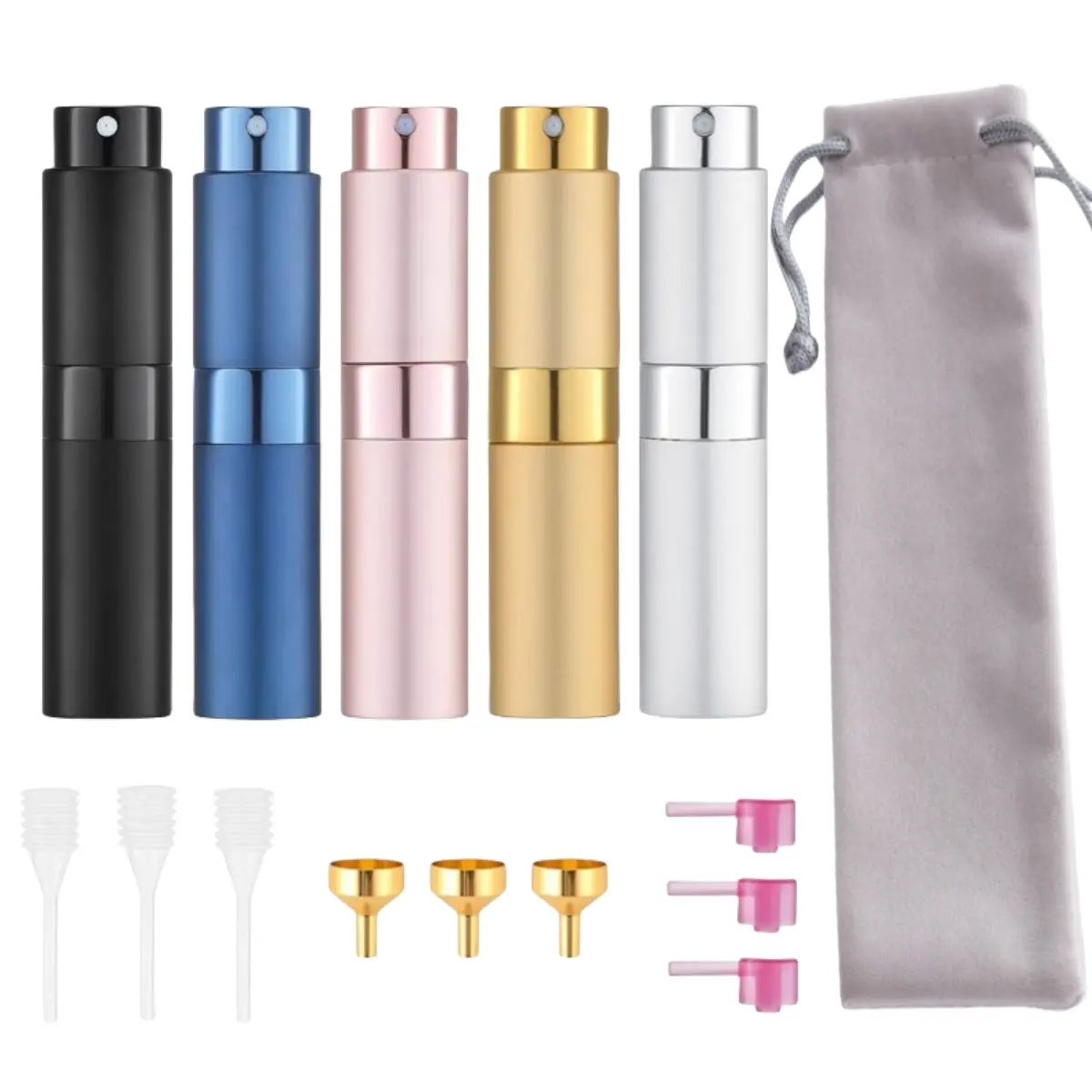 5-Pack 8ml Compact Refillable Travel Perfume Atomizer Set, Waterproof Aluminum Cosmetic Storage Pocket Sprayers with Leakproof Seal, Easy-to-Refill Mini Empty Bottles, 5-Color Matte Nozzles, Funnel & Pipette (Beauty & Personal Care Multi-Pack)