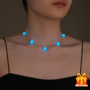 Glowing Blue Stone Bead Necklace for Women - Bohemian Style Alloy Chain Jewelry with Luminous Design, Versatile for Beach Vacations, Parties & Daily Wear - Fashionable Niche Gift, Party Accessory, Vibrant Accessory, Elegant Craftsmanship
