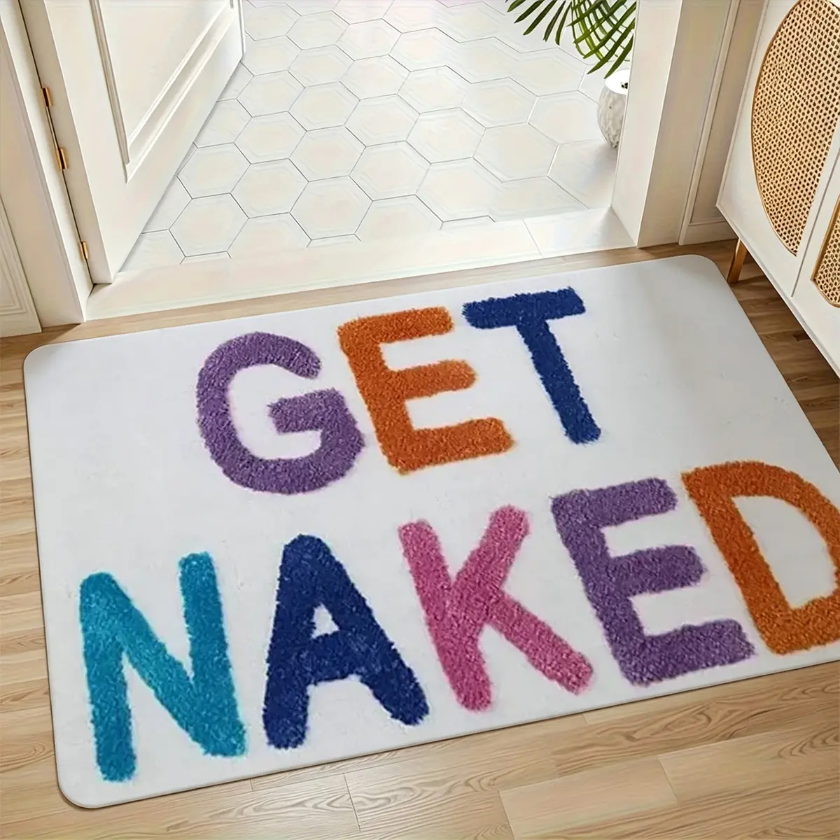 Get Naked Funny Letter Flannel Bath Mat 16×24 Inch (40×60cm), Multiple Colors Non Slip Absorbent Bathroom Rug, Novelty Humor Floor Doormat for Home Decor