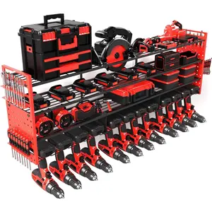 52" Heavy Duty Power Tool Organizer Wall Mount with 12 Drills Holder, 4-Tier Power Tool Storage Rack, DIY Pegboard Side Panels,4 Long Hooks, Garage Metal Tool Shelf for ,Drills