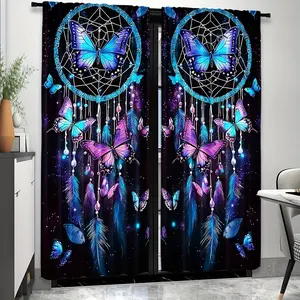 2 Pieces Bohemian Chic Dreamcatcher Butterfly Design Semi-Blackout Curtains - Bright Blue, Purple, and Green Feathers with Starry Night Sky Pattern, Suitable for Bedroom, Living Room, Kitchen, or Office Decoration