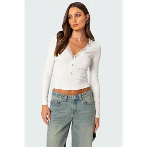 Madeline Lace Trim Ribbed Top