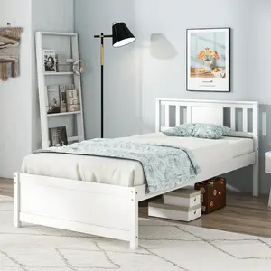 COSTWAY - Wooden Platform Bed with Headboard and Wood Slat Support White-Twin Size
