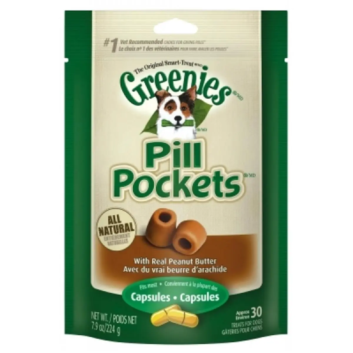 Greenies Peanut Butter Dog Pill Pockets - 7.9 oz Bag, 30 Pieces, With Dried Corn Syrup, Chicken, Glycerin, Vegetable Oil, Peanut Oil, Natural Flavors, Dog Training & Behavior Aid