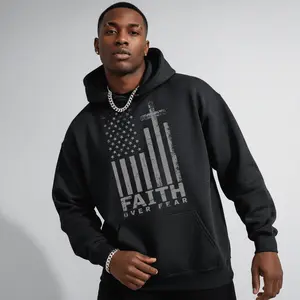 Men's USA Flag Faith Over Fear Graphic Hoodie - Cotton Blend Black Long Sleeve Pullover Regular Fit | Soft & Breathable Fabric, Durable Print, Everyday Comfort, Machine Washable, patriotic religious casual wear
