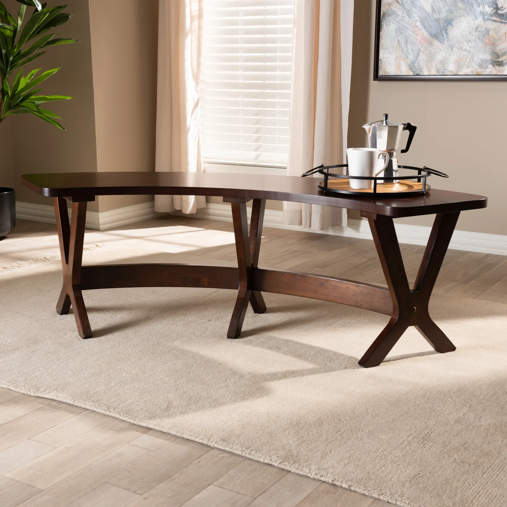 Baxton Studio Berlin Mid-Century Modern Dining Bench, Walnut Finish, Rubberwood/MDF, Curved Shape, 17.9" High x 57.3" Wide x 21.1" Deep, Solid Seating Support, Formaldehyde-Gas-Free Indoor Furniture, Assembly Required