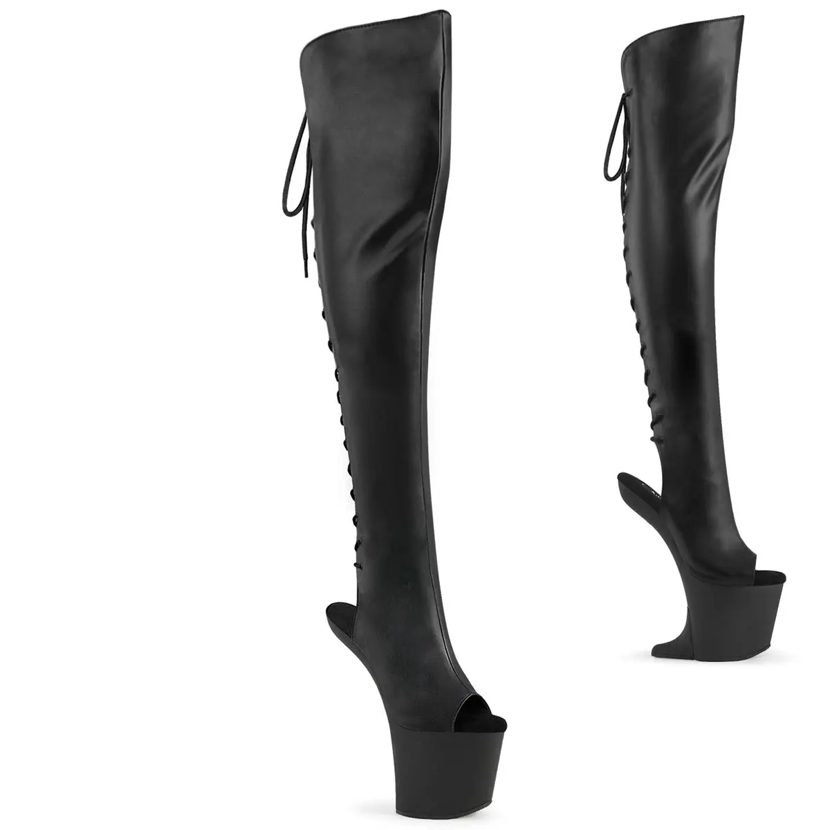 Women's High-Profile Inverse Lace-Up Heelless Wedges & Flatform Boot - 3" (76mm) Stretch Synthetic, Black Zip Casual Footwear, CRAZE-3019 Women's Fashion Shoe, Platform, Faux Leather, 3 In, Open Toe, Over-The-Knee, Stretch Pu, Laces, Statement Shoes, Plat