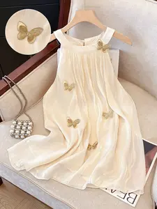 Plus Size Women's French Sleeveless Halter Neck Chiffon Top, Unique Butterfly Dot Design, Casual, Breathable and Comfortable, Ideal for Daily Commute, Dates, Vacation