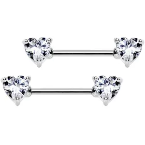 14 Gauge 9/16 Clear CZ Gem Heart Barbell Nipple Ring Set